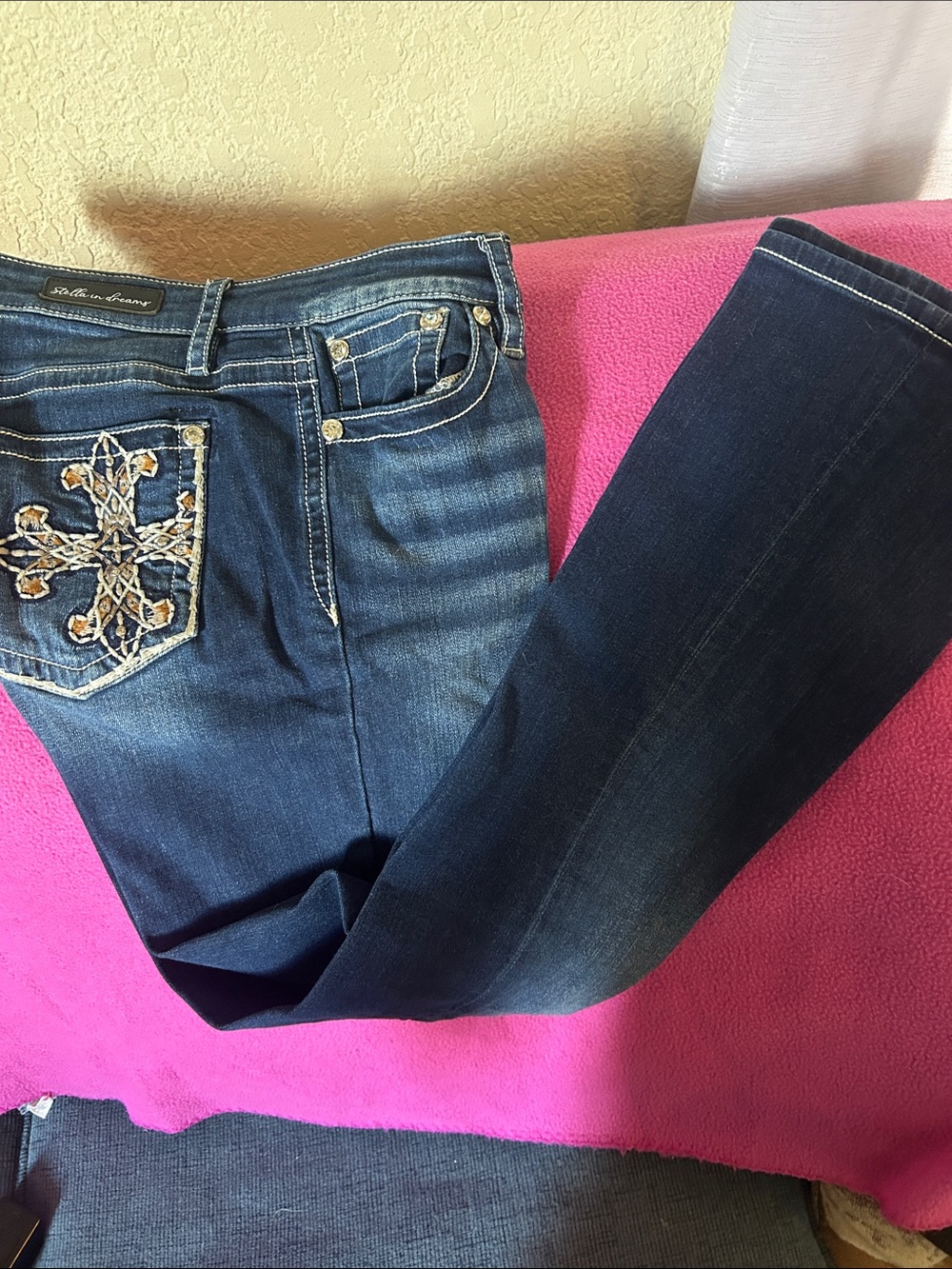 Embellished Dark Blue Boot Cut Jeans with Decorative Back Pocket